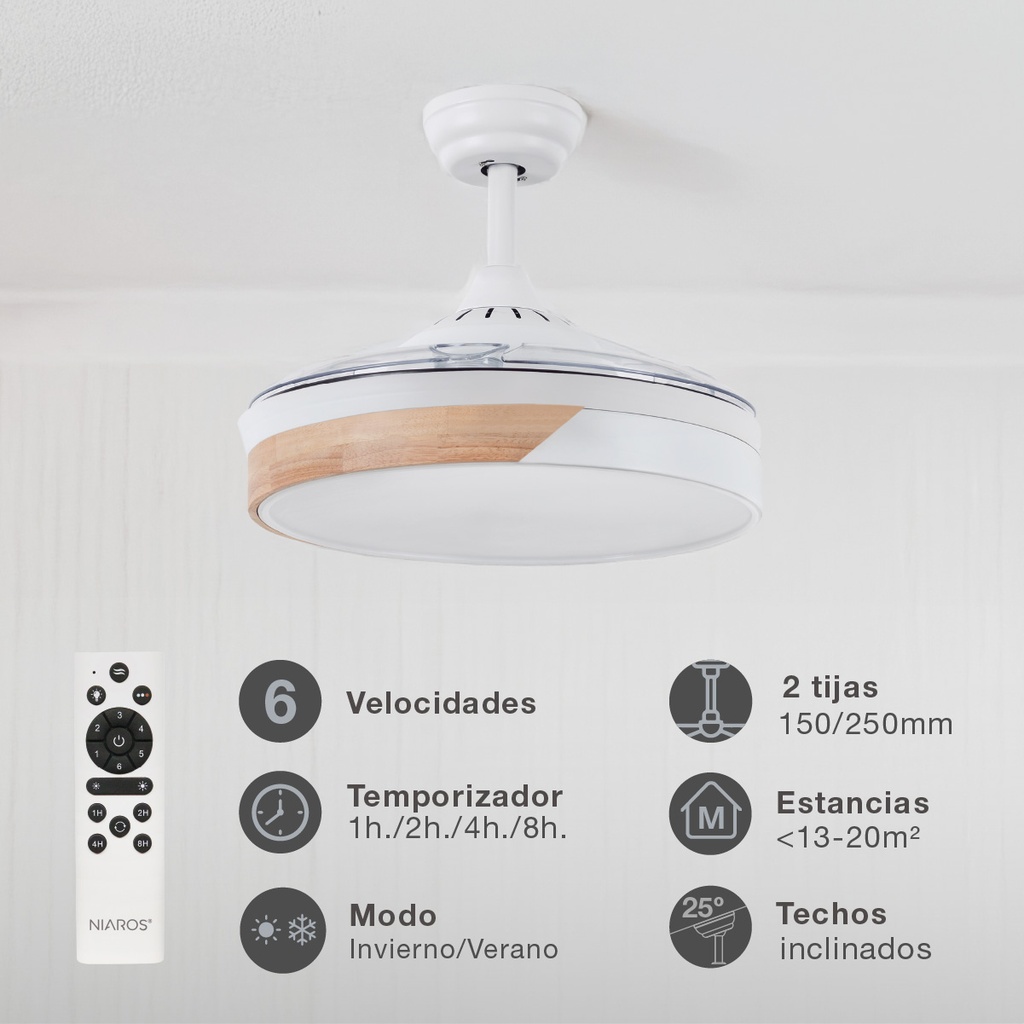 Ventilador techo Likasi con luz CCT regulable y mando Ø107 3 aspas retráctiles DC Blanco