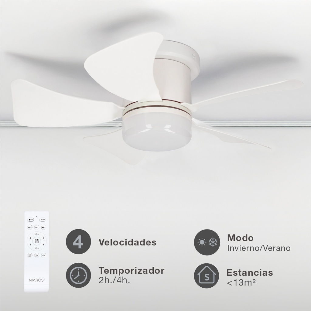 Mini ventilador techo Oristán con luz CCT regulable y mando Ø40 5 aspas DC Blanco 
