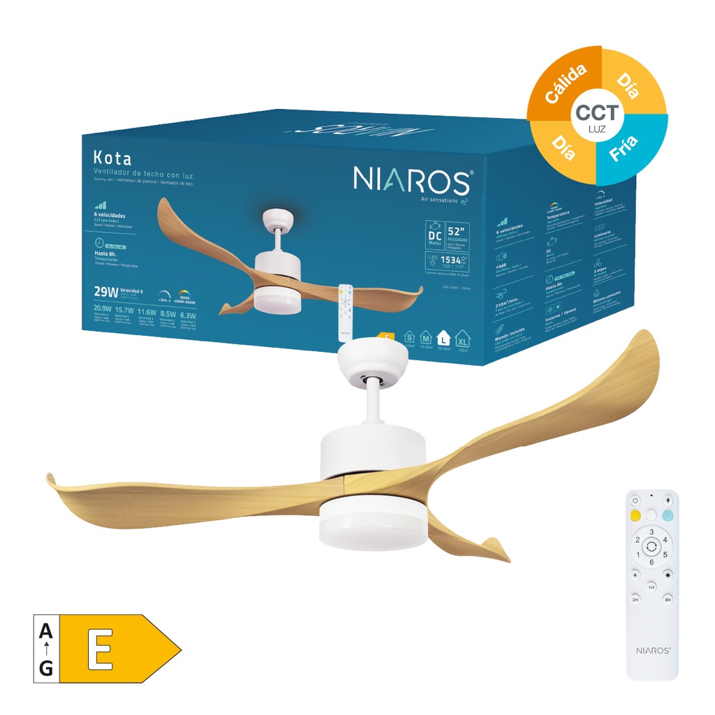 Ventilador techo Kota con luz CCT regulable y mando Ø132 3 aspas DC Blanco