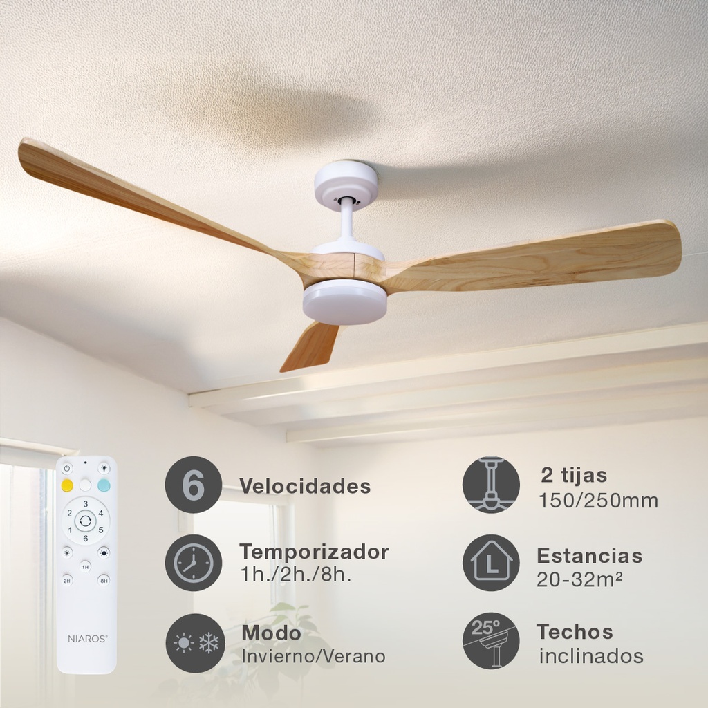 Ventilador techo Cefalú con luz CCT regulable y mando Ø132 3 aspas DC Blanco