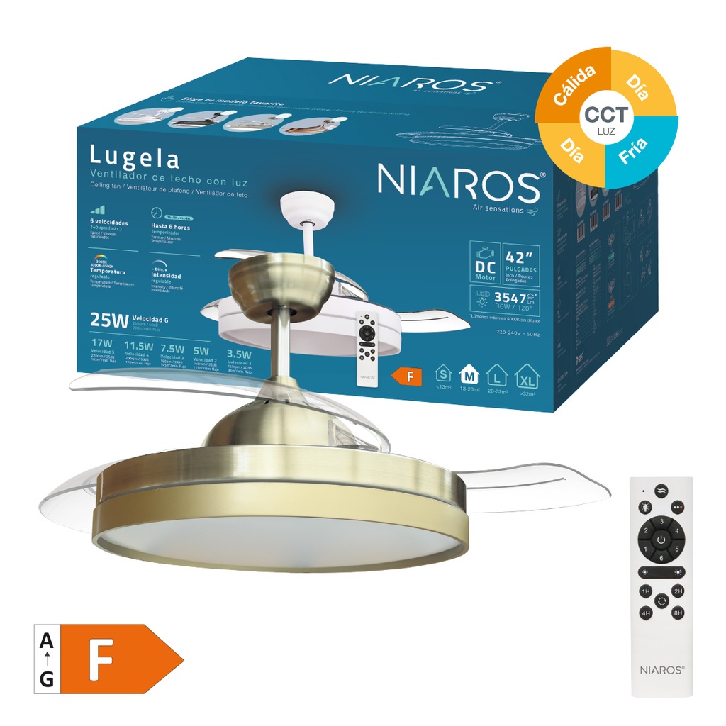 Ventilador techo Lugela con luz CCT regulable y mando Ø107 3 aspas retráctiles DC Dorado