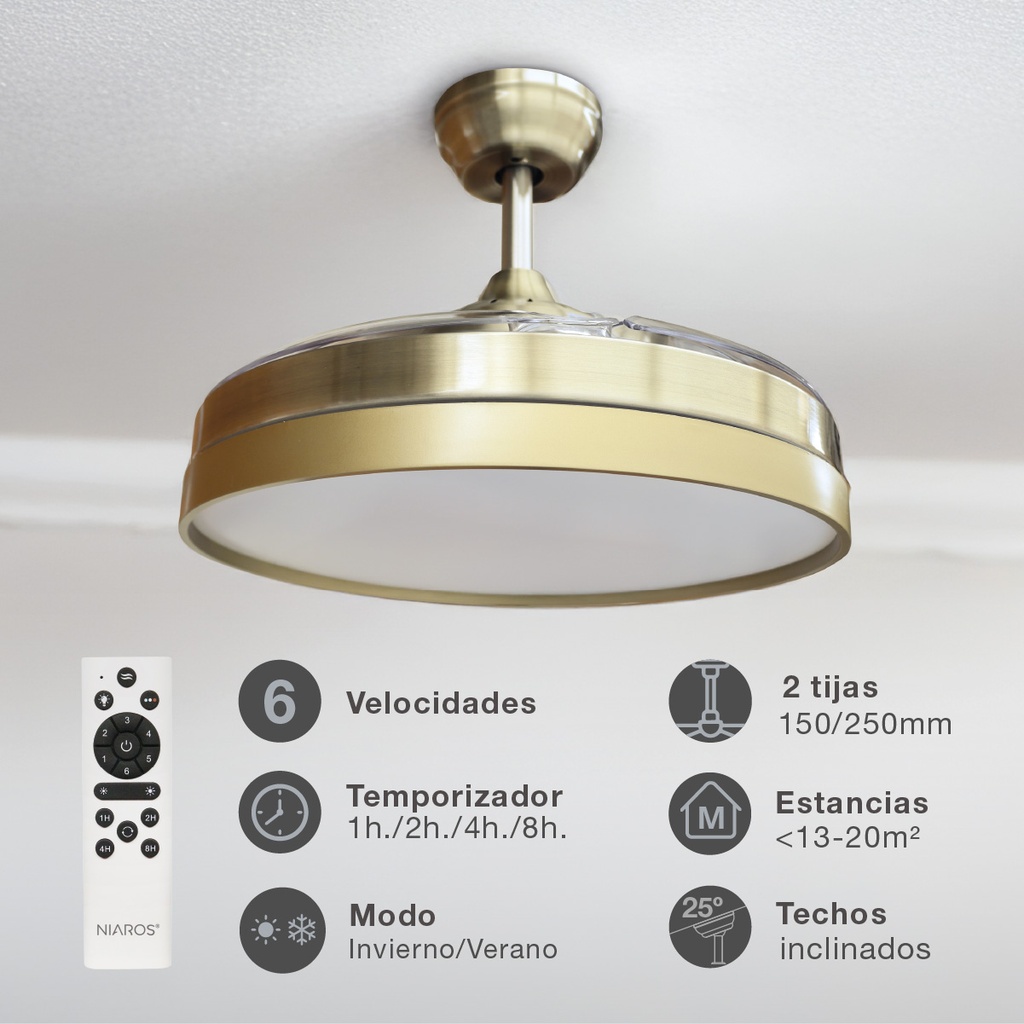 Ventilador techo Lugela con luz CCT regulable y mando Ø107 3 aspas retráctiles DC Dorado