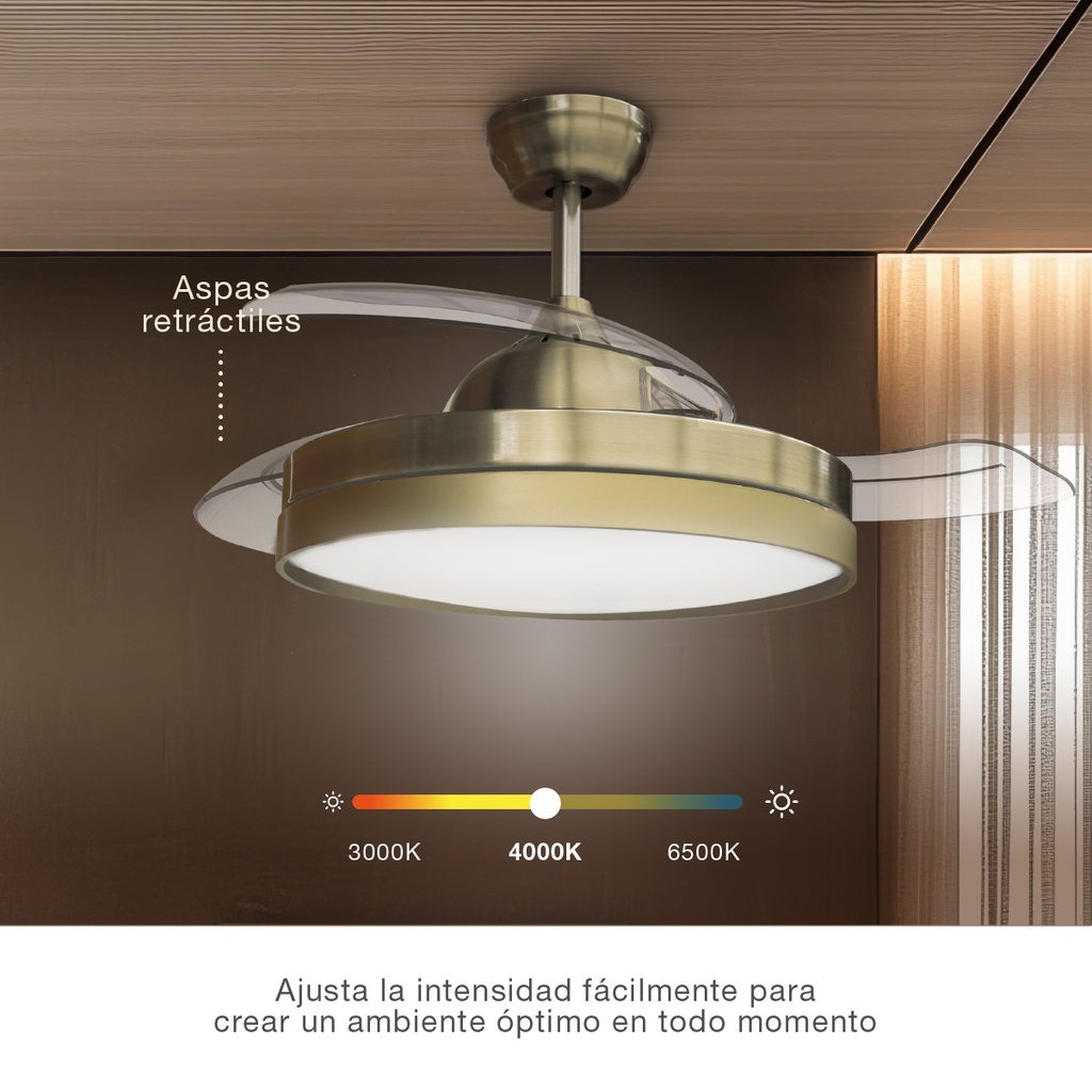 Ventilador techo Lugela con luz CCT regulable y mando Ø107 3 aspas retráctiles DC Dorado