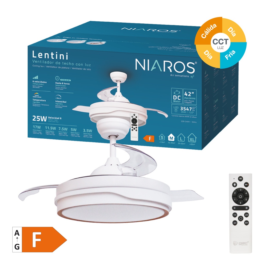Ventilador techo Lentini con luz CCT regulable y mando Ø107 3 aspas retráctiles DC Blanco
