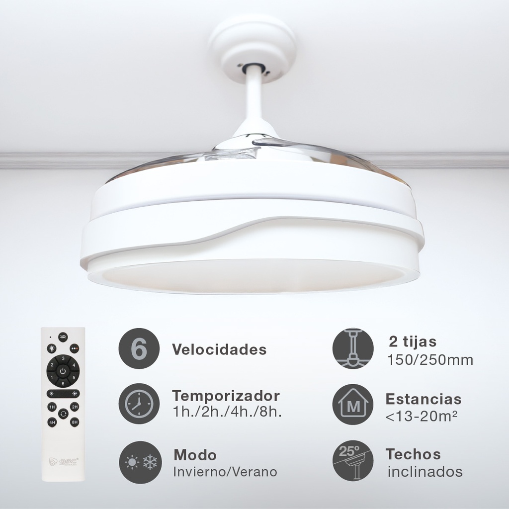 Ventilador techo Lentini con luz CCT regulable y mando Ø107 3 aspas retráctiles DC Blanco