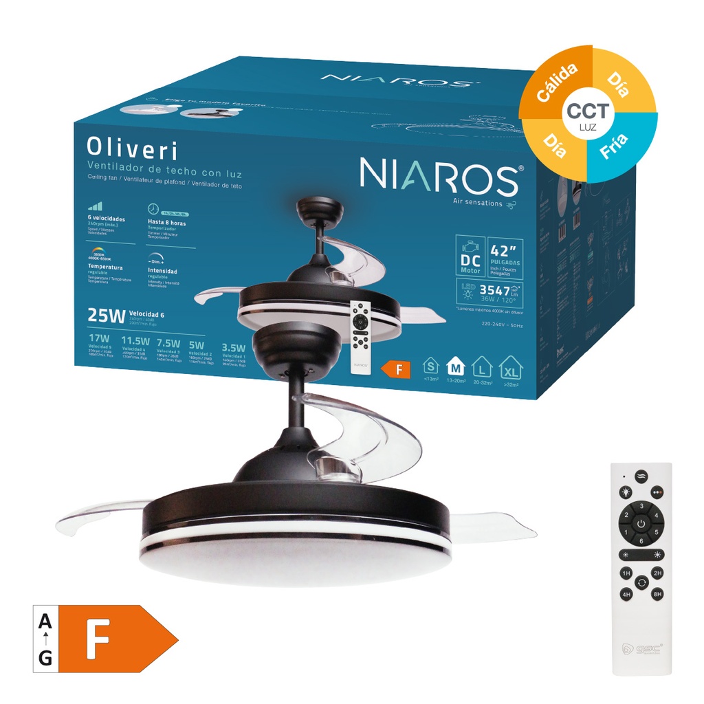Ventilador techo Oliveri con luz CCT regulable y mando Ø107 3 aspas retráctiles DC Negro