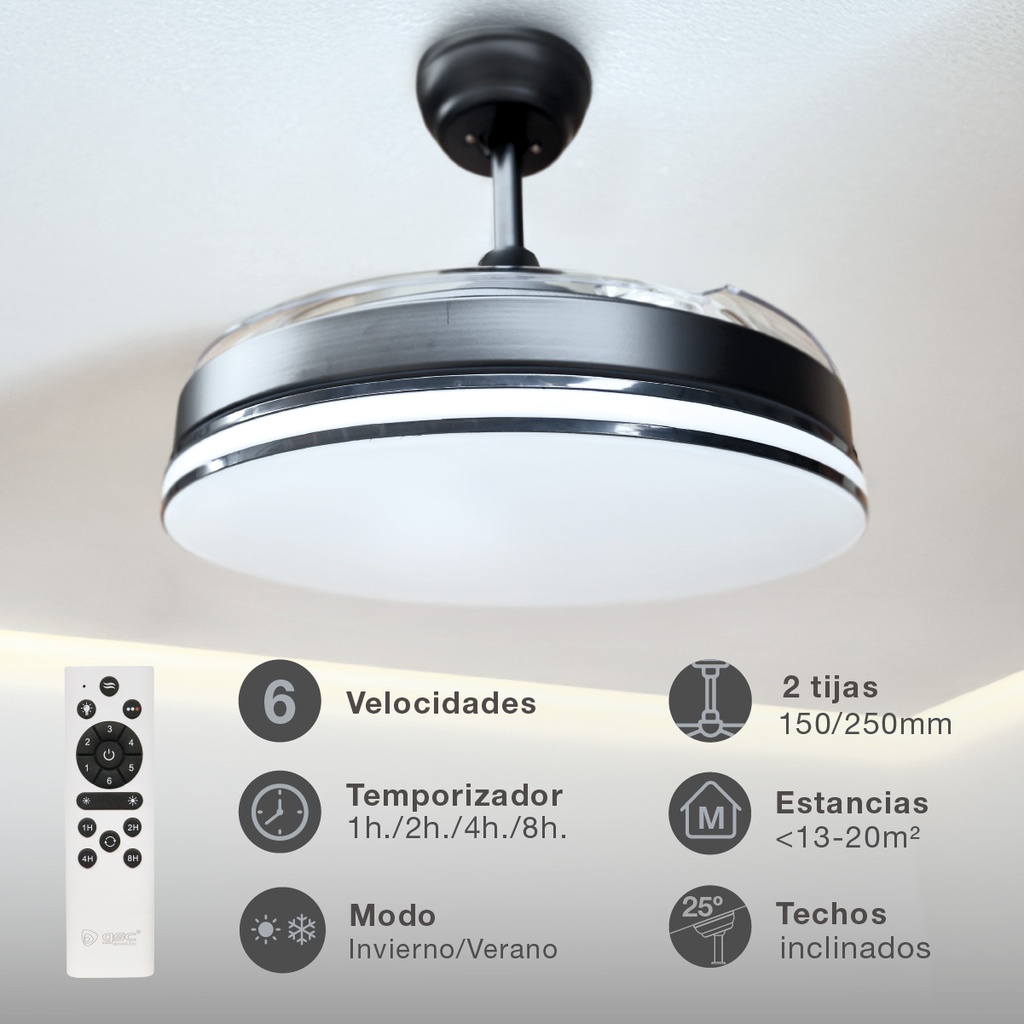 Ventilador techo Oliveri con luz CCT regulable y mando Ø107 3 aspas retráctiles DC Negro