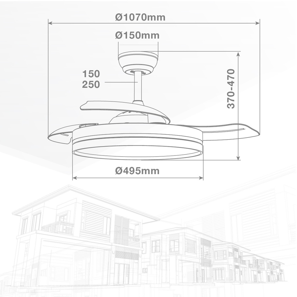 Ventilador techo Oliveri con luz CCT regulable y mando Ø107 3 aspas retráctiles DC Negro