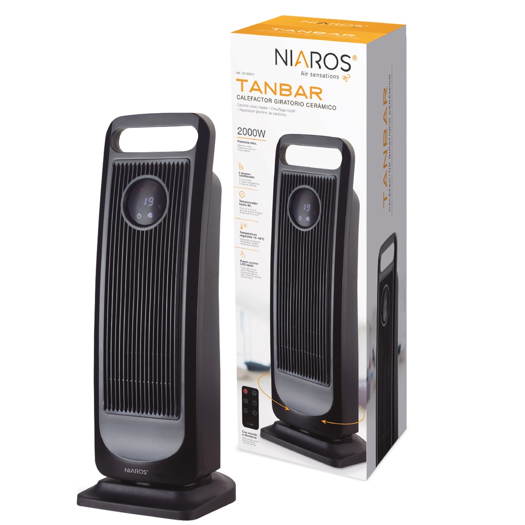Calefactor eléctrico vertical giratorio cerámico Tanbar con mando y temporizador Máx. 2000W