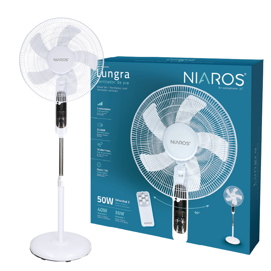 Ventilador de pie Lungra con mando y temporizador Ø43cm 50W Blanco