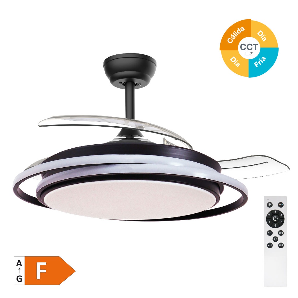 Ventilador de teto Bauala com luz CCT e controlo remoto Ø107 3 pás retráteis DC Preto