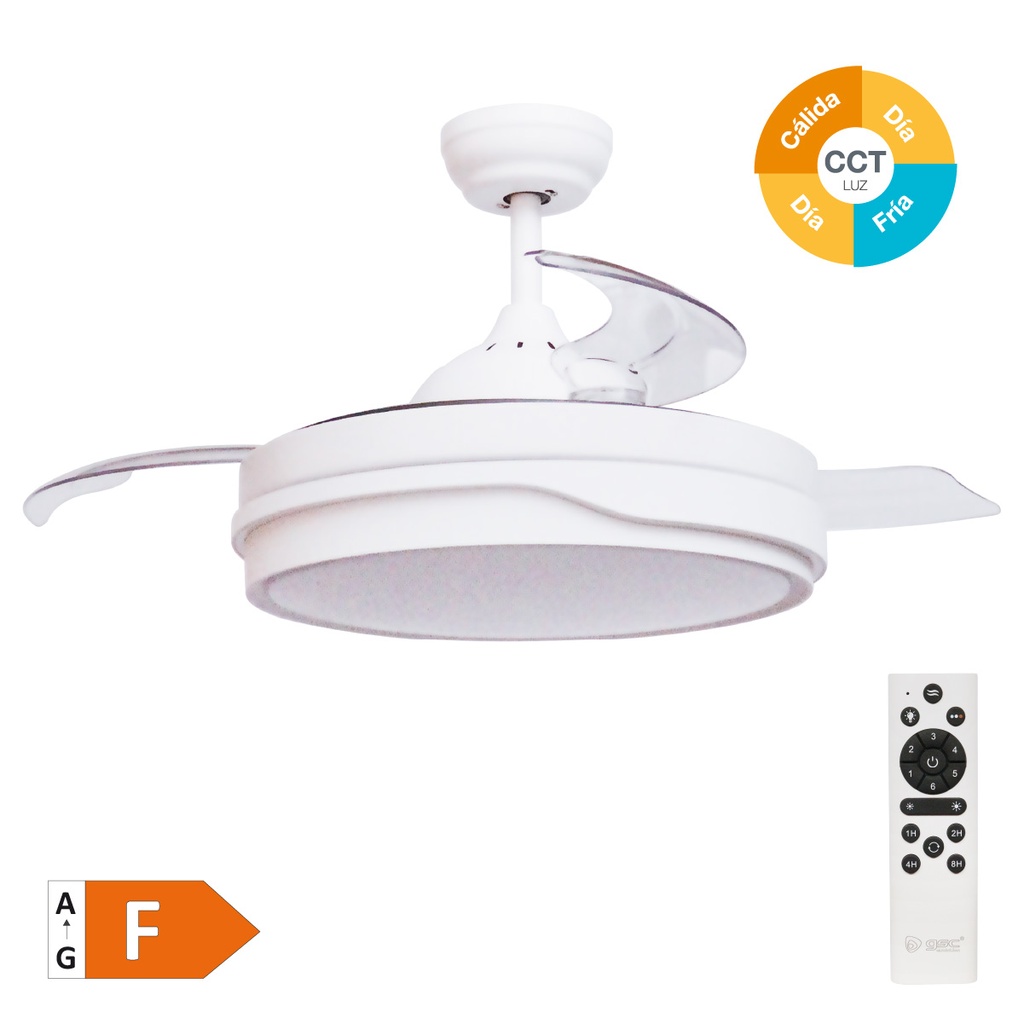 Lentini ceiling fan with dimmable CCT and remote control Ø107 3 retractable blades DC White