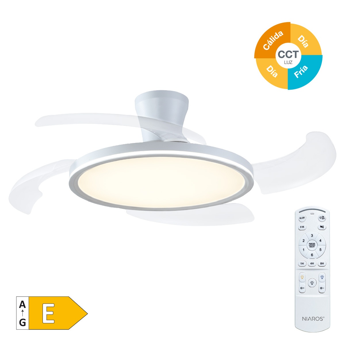 Ventilador de teto Gomce com luz CCT  regulável e controlo remoto Ø122 4 pás retráteis DC Branco