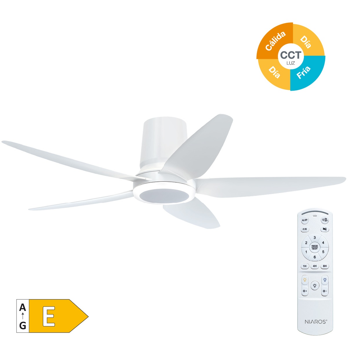 Ventilador techo Salveri con luz CCT regulable y mando Ø122 5 aspas DC Blanco 